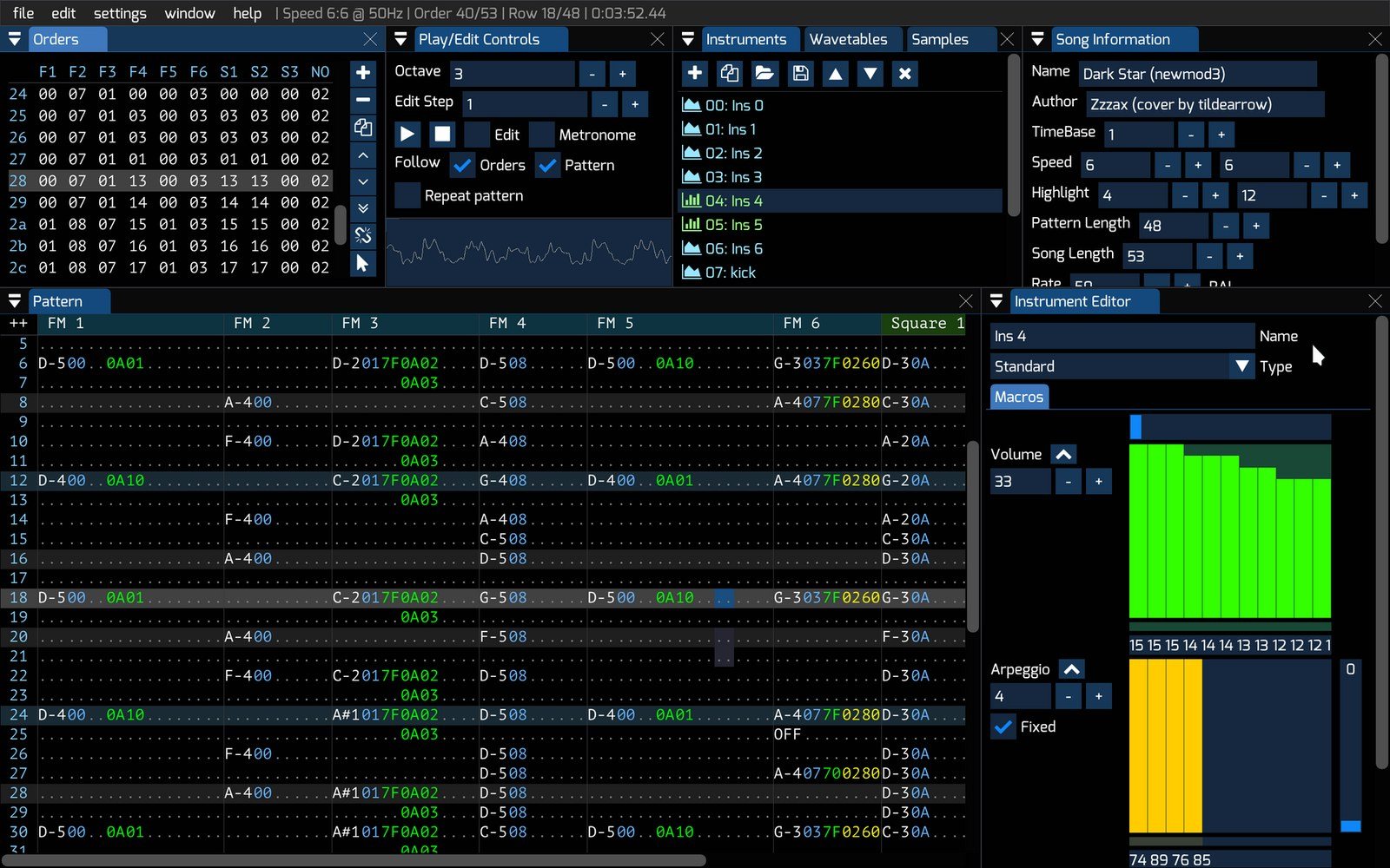 Screenshot of Furnace Tracker software showing pattern editor, orders, instruments, and volume macro panels