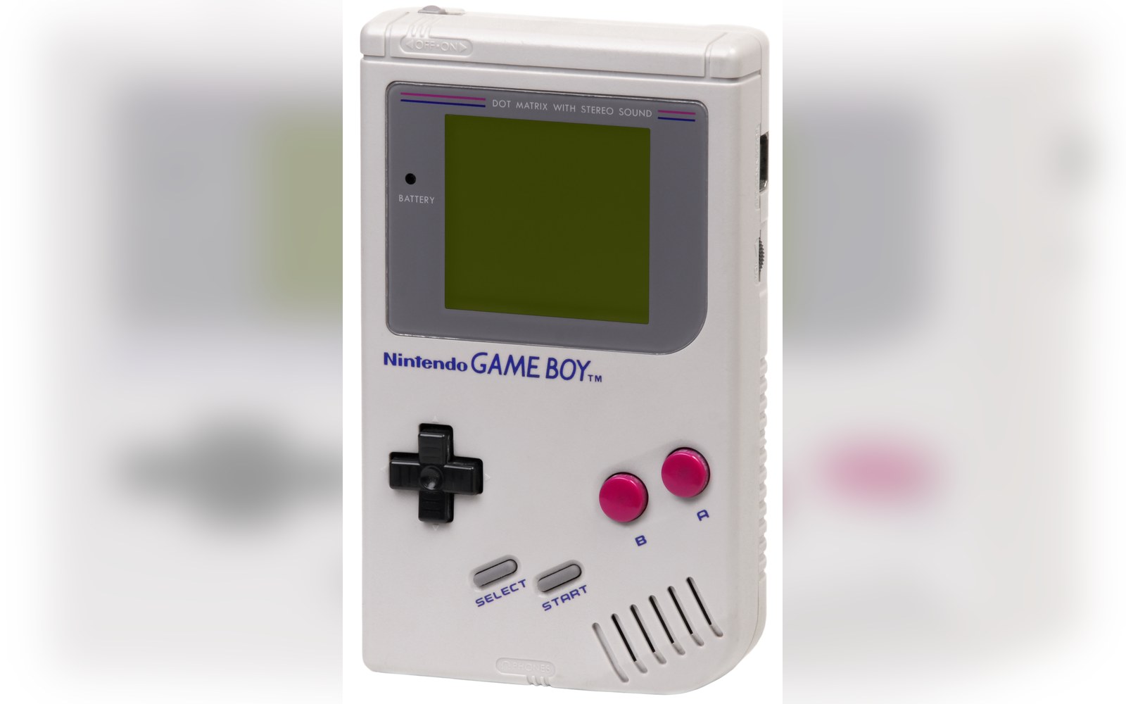 Original Nintendo Game Boy handheld console with green screen and pink A and B buttons
