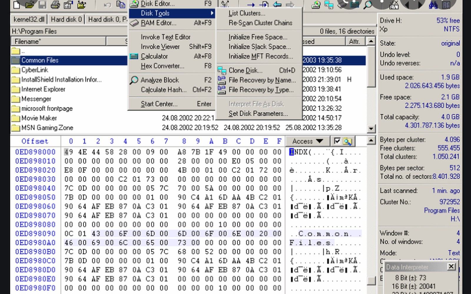 Screenshot of WinHex disk editor showing a hex dump, file directory pane, and Disk Tools menu open